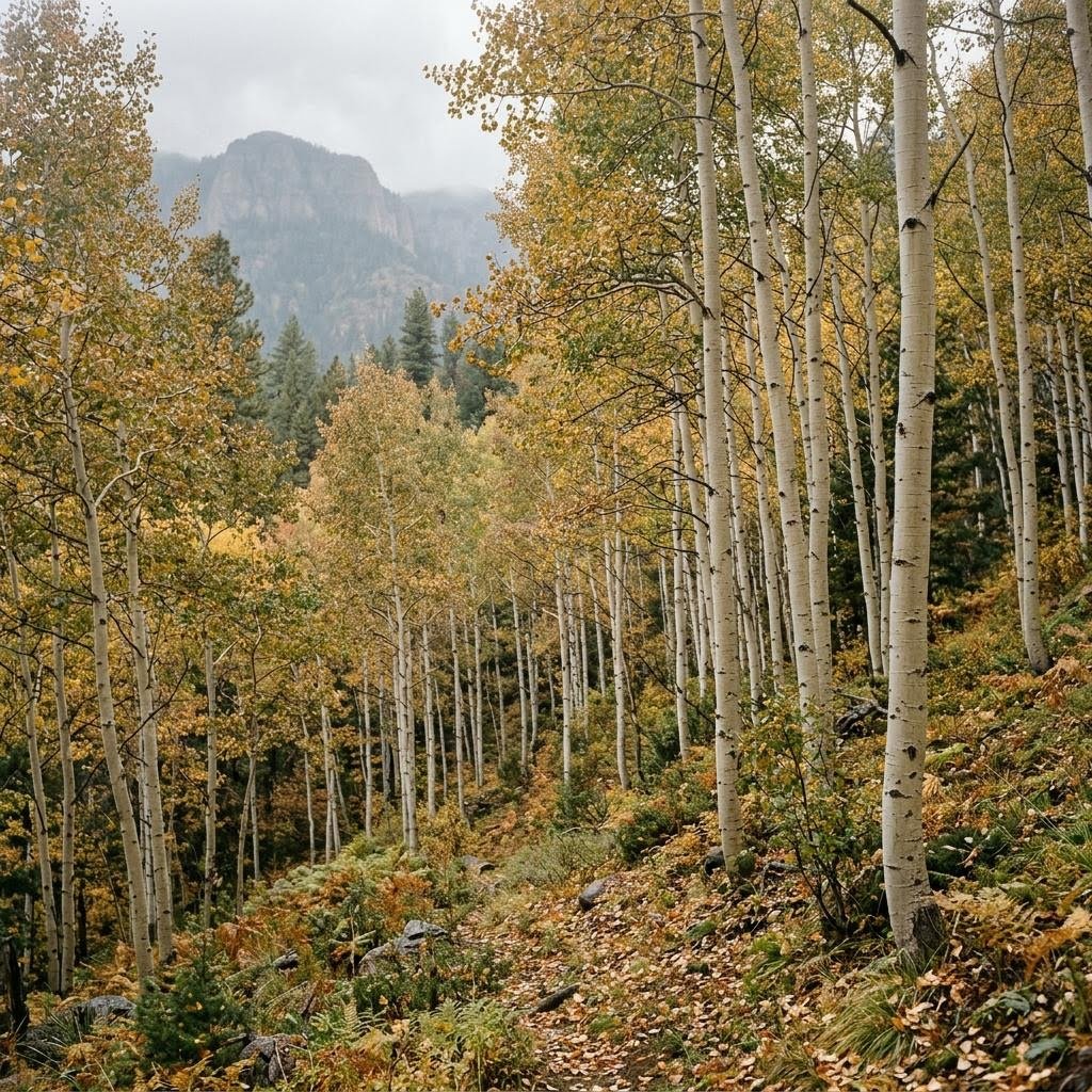Aspen grove on a mountain slope in soft autumn light
