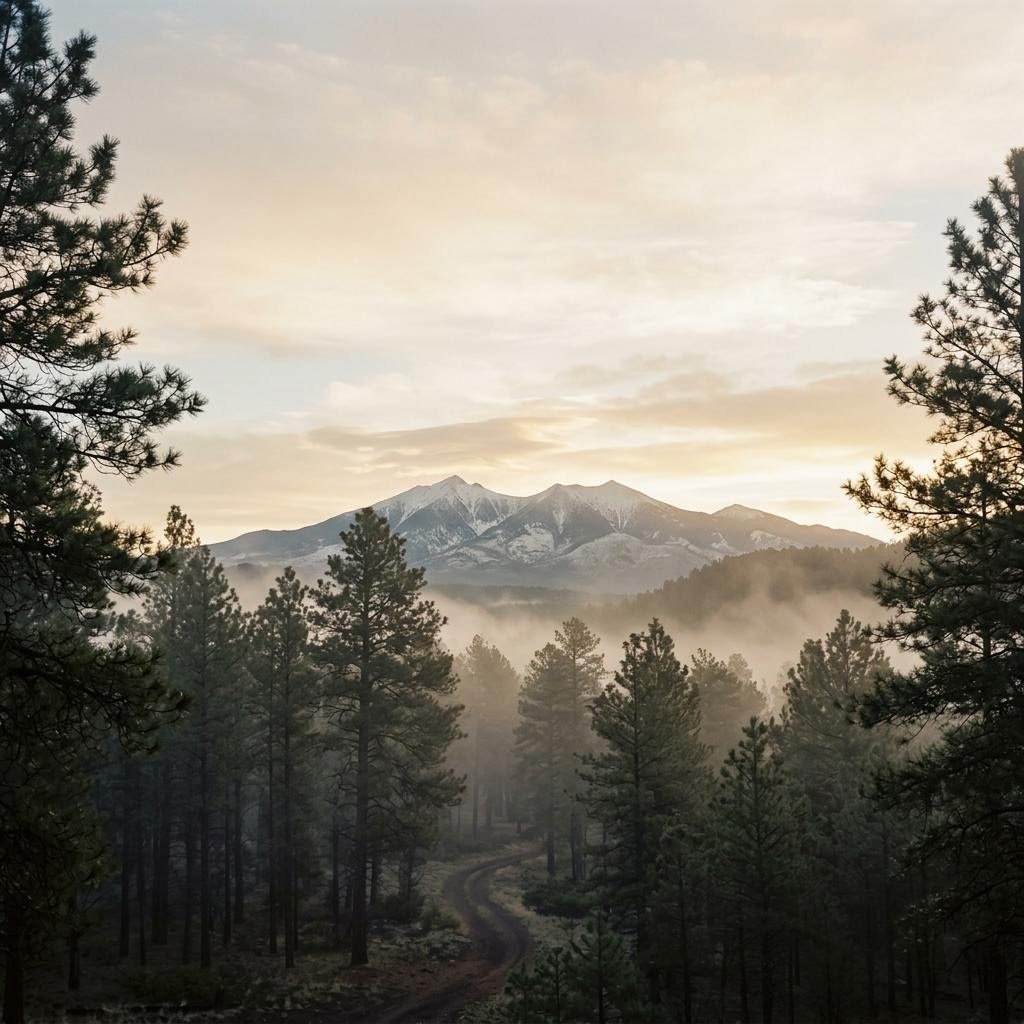 Morning mist over ponderosa pines beneath the San Francisco Peaks