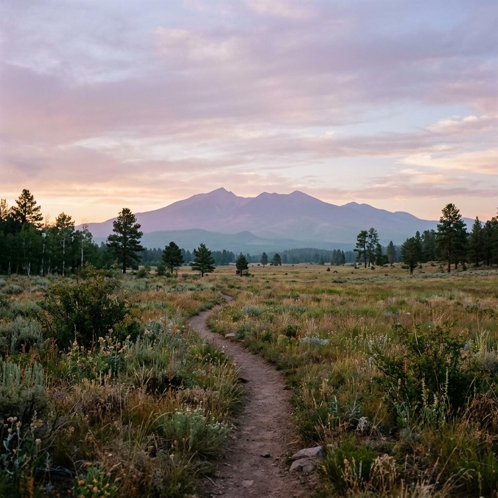 Mountain meadow trail at dusk near Flagstaff